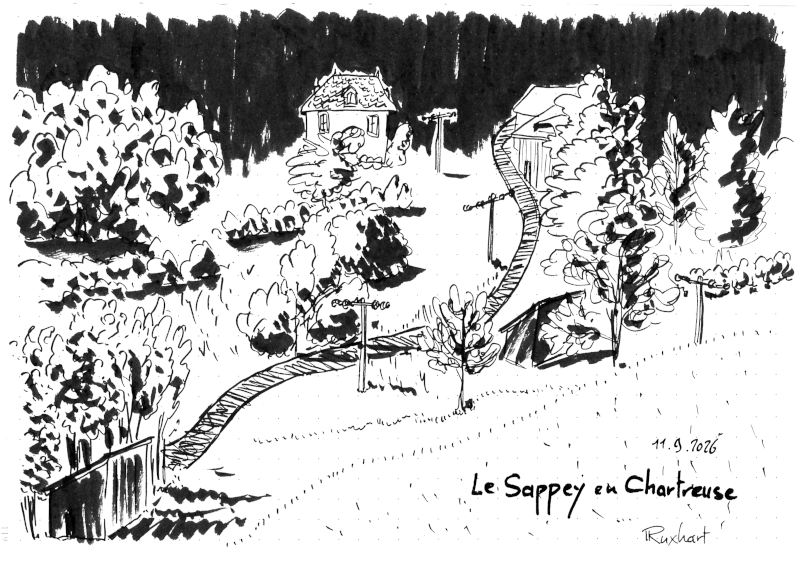 Dessin en noir et blanc d'un paysage, on voit une route de montagne qui serpente entre des arbres et des maisons éparses pour aller se perdre dans l'ombre de la montagne